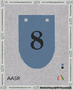 A taped needlepoint canvas with the design: Banner 18 mesh count Rounded 8 Black on Blue.