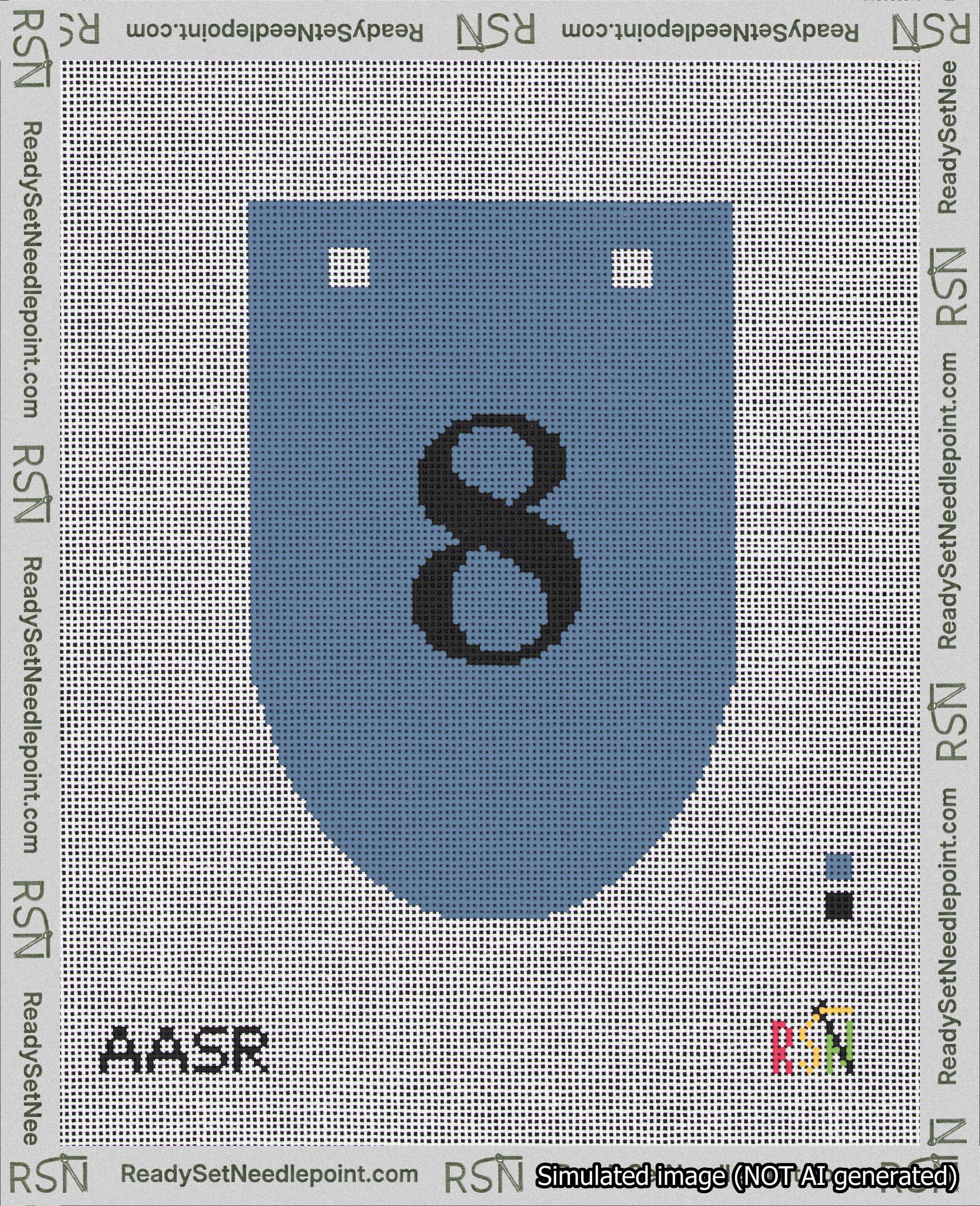 A taped needlepoint canvas with the design: Banner 18 mesh count Rounded 8 Black on Blue.