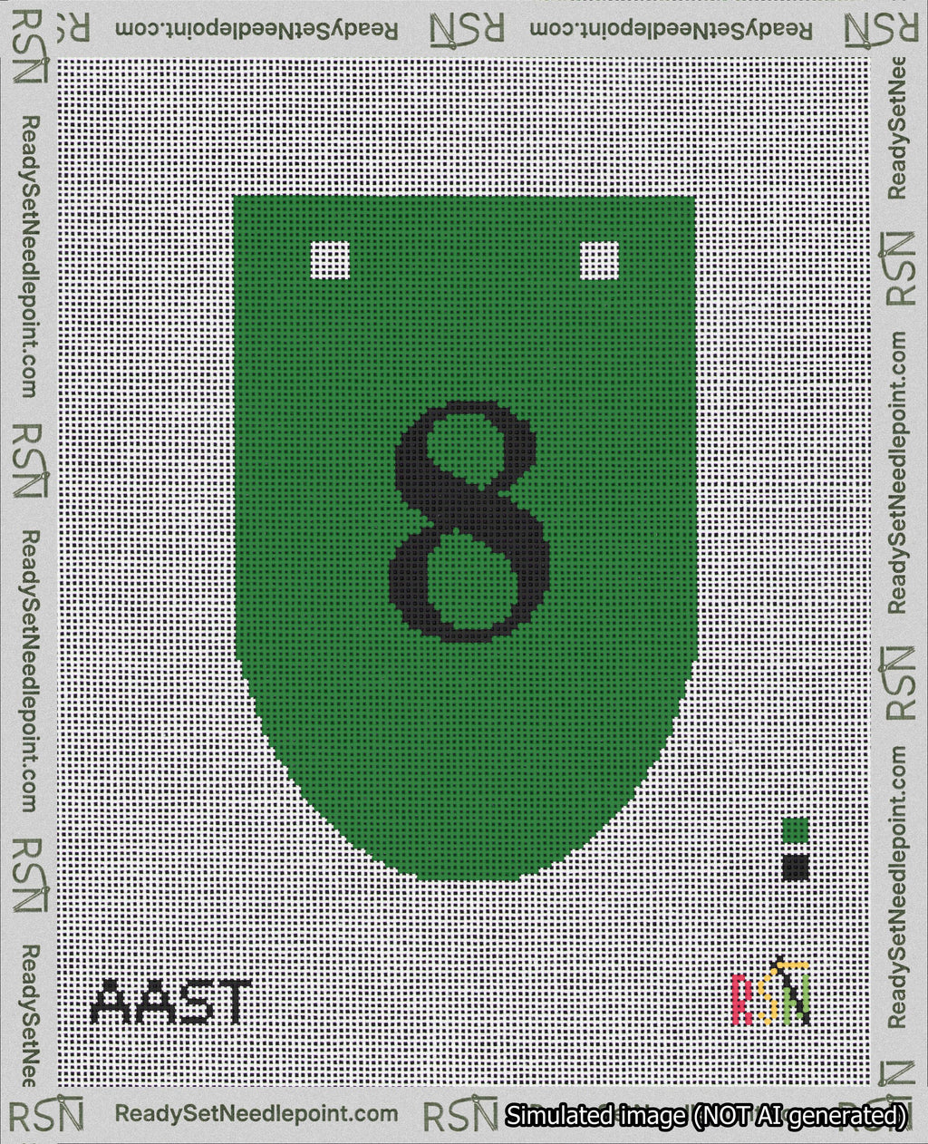 A taped needlepoint canvas with the design: Banner 18 mesh count Rounded 8 Black on Green.