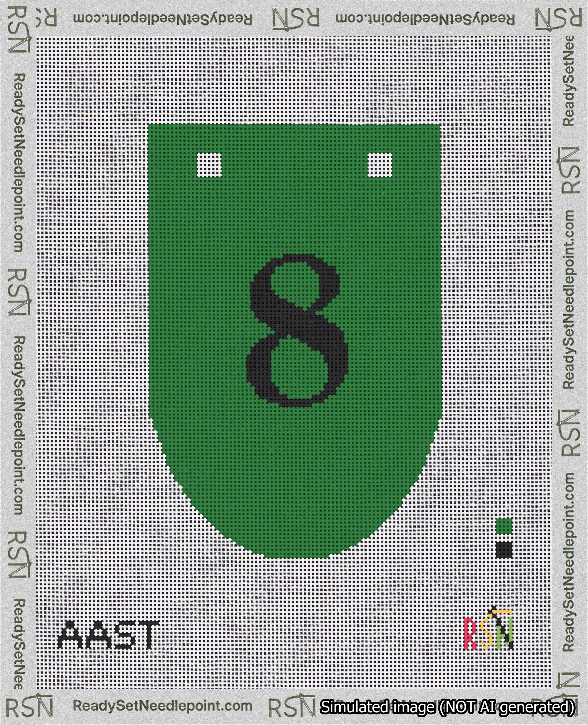 A taped needlepoint canvas with the design: Banner 18 mesh count Rounded 8 Black on Green.