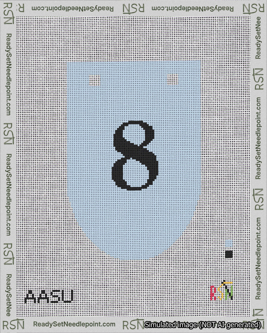 A taped needlepoint canvas with the design: Banner 18 mesh count Rounded 8 Black on Light Blue.