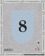 A taped needlepoint canvas with the design: Banner 18 mesh count Rounded 8 Black on Light Blue.