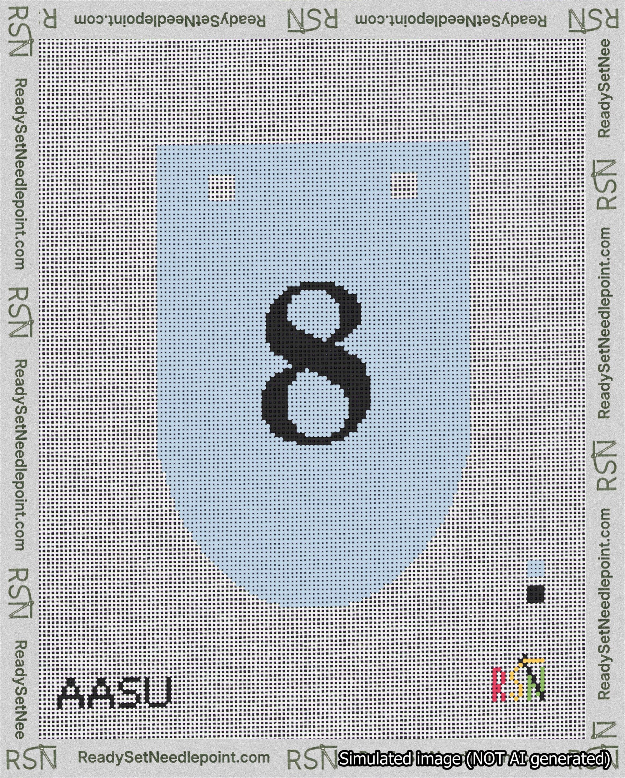 A taped needlepoint canvas with the design: Banner 18 mesh count Rounded 8 Black on Light Blue.