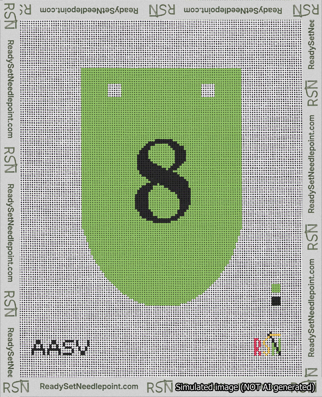A taped needlepoint canvas with the design: Banner 18 mesh count Rounded 8 Black on Light Green.