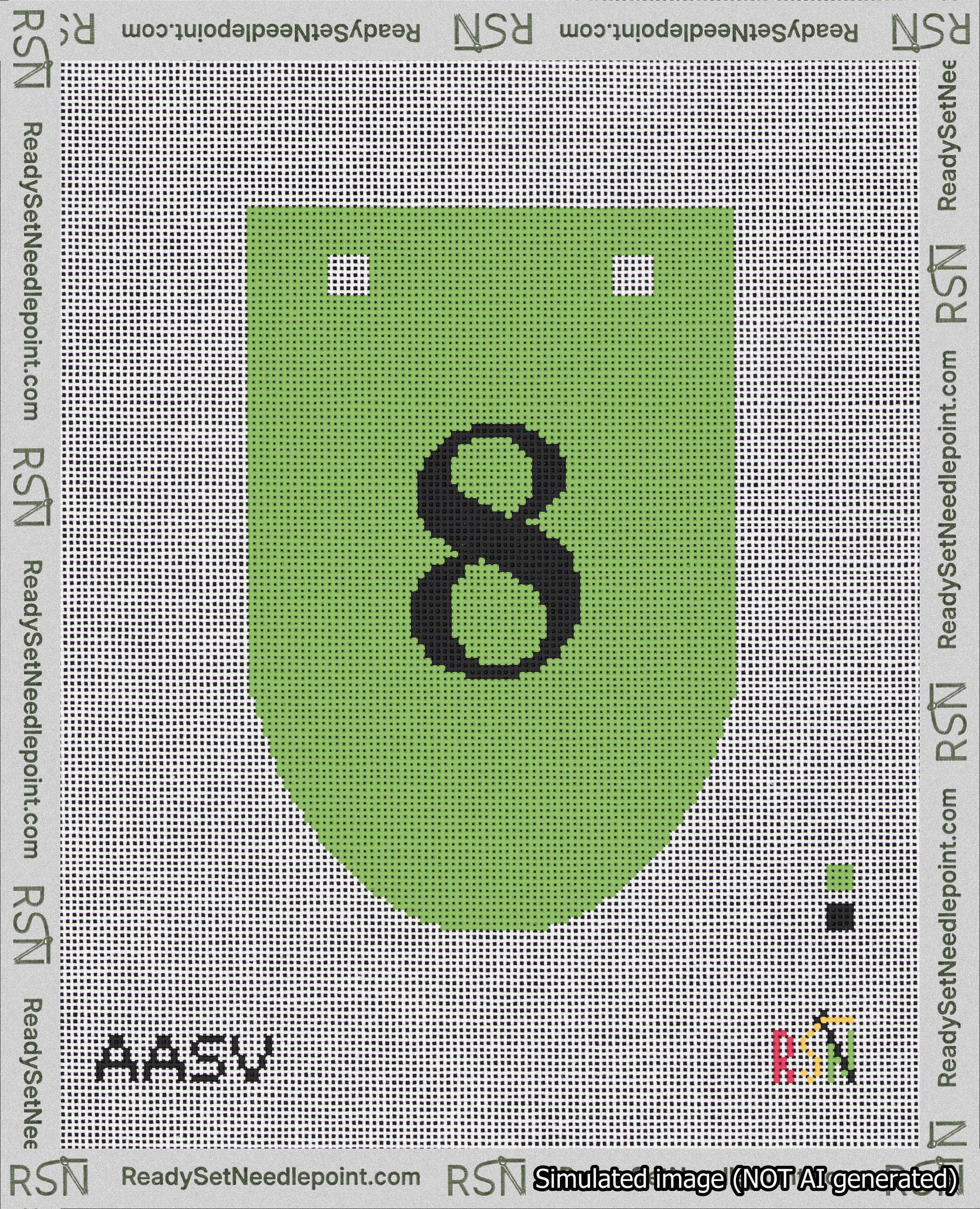 A taped needlepoint canvas with the design: Banner 18 mesh count Rounded 8 Black on Light Green.