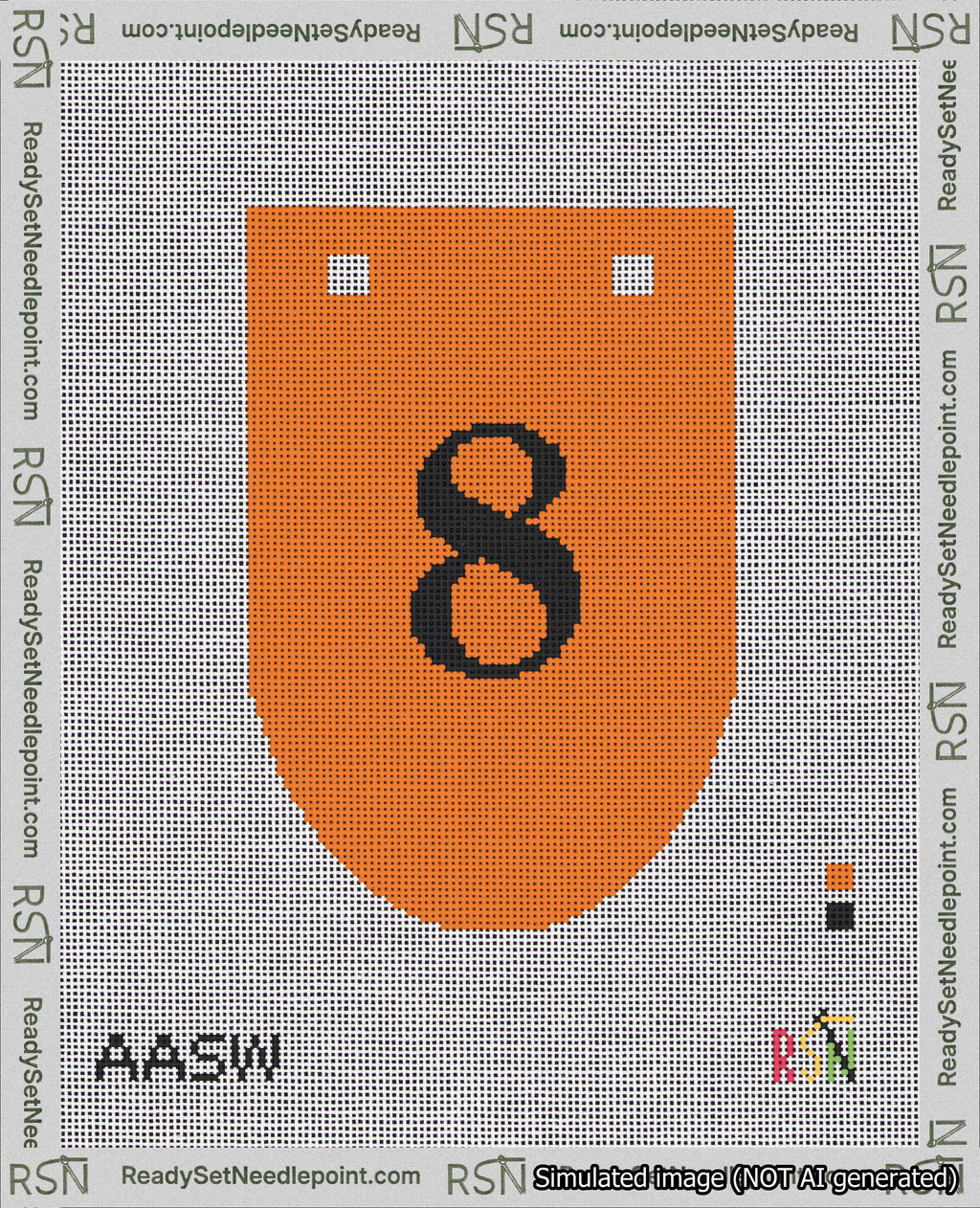 A taped needlepoint canvas with the design: Banner 18 mesh count Rounded 8 Black on Orange.