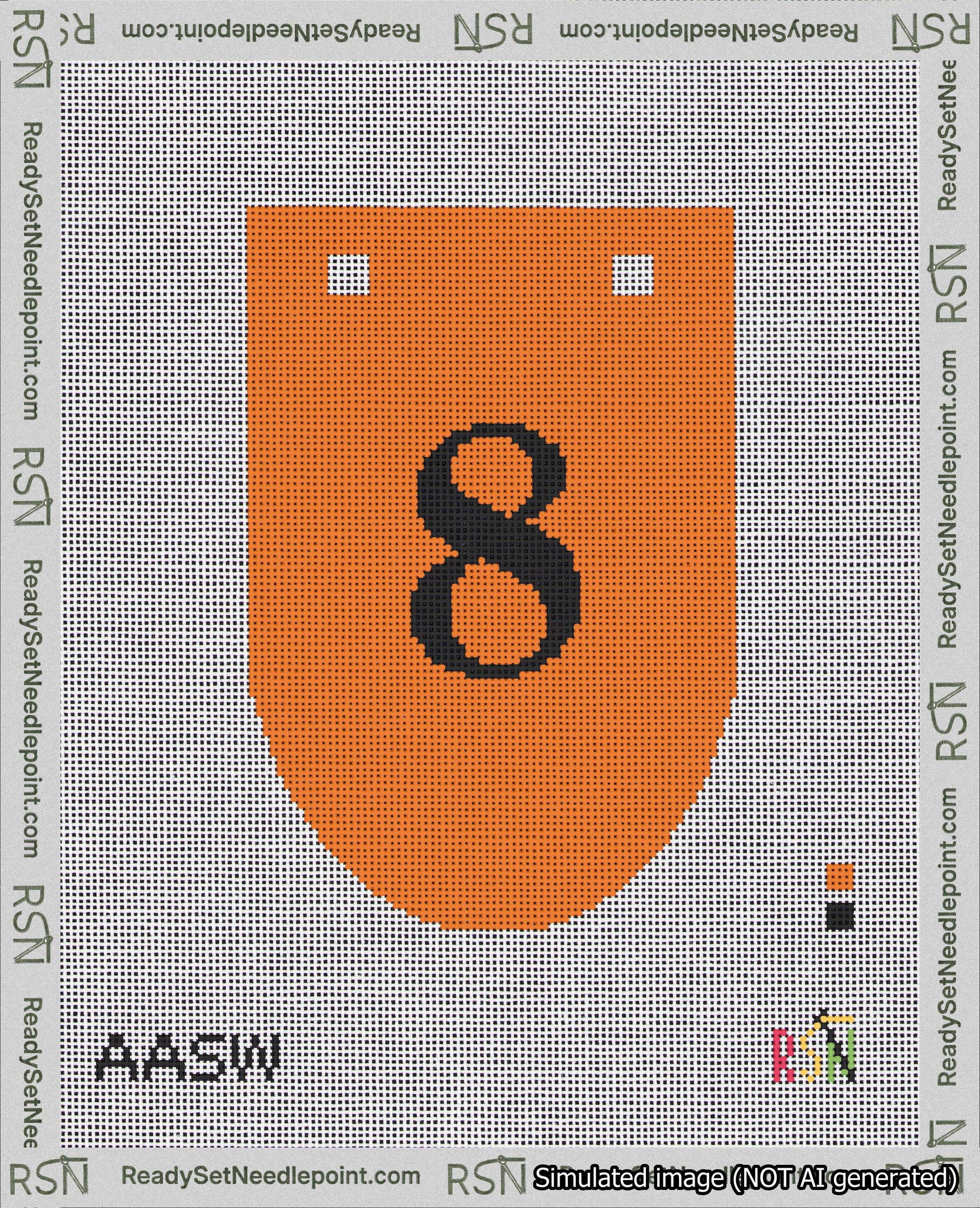 A taped needlepoint canvas with the design: Banner 18 mesh count Rounded 8 Black on Orange.