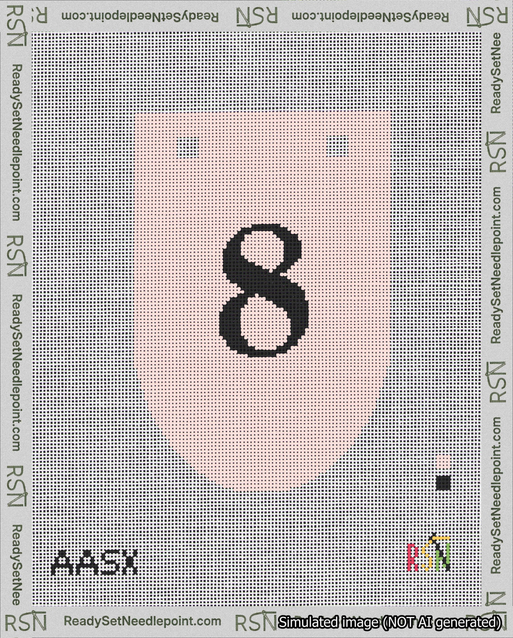 A taped needlepoint canvas with the design: Banner 18 mesh count Rounded 8 Black on Pink.