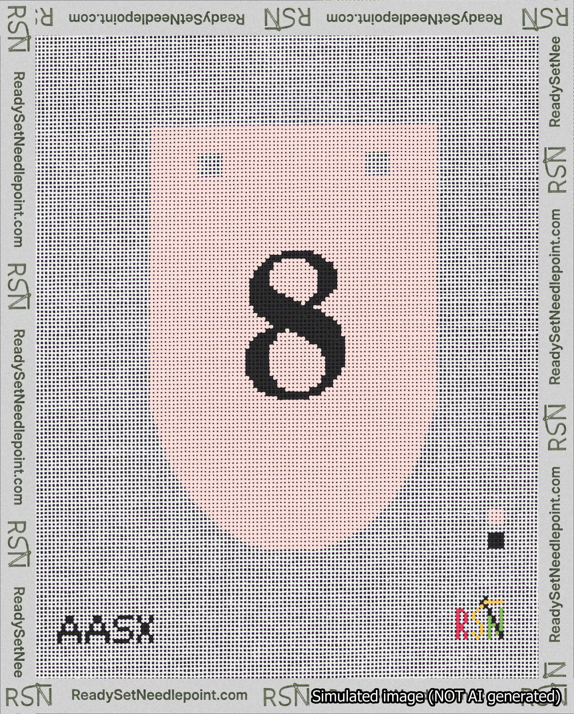 A taped needlepoint canvas with the design: Banner 18 mesh count Rounded 8 Black on Pink.