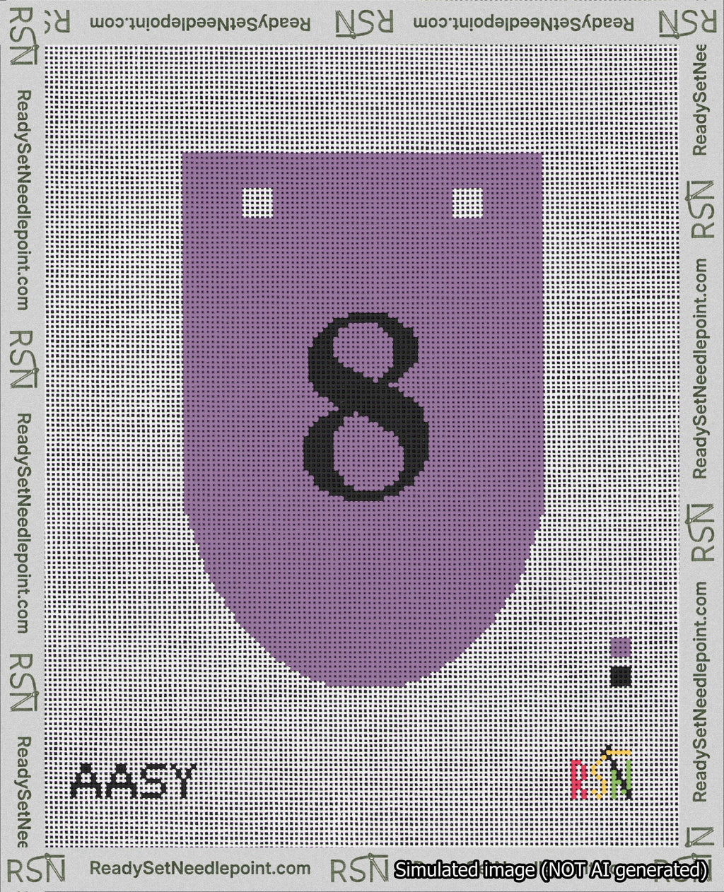 A taped needlepoint canvas with the design: Banner 18 mesh count Rounded 8 Black on Purple.