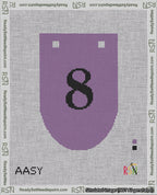 A taped needlepoint canvas with the design: Banner 18 mesh count Rounded 8 Black on Purple.