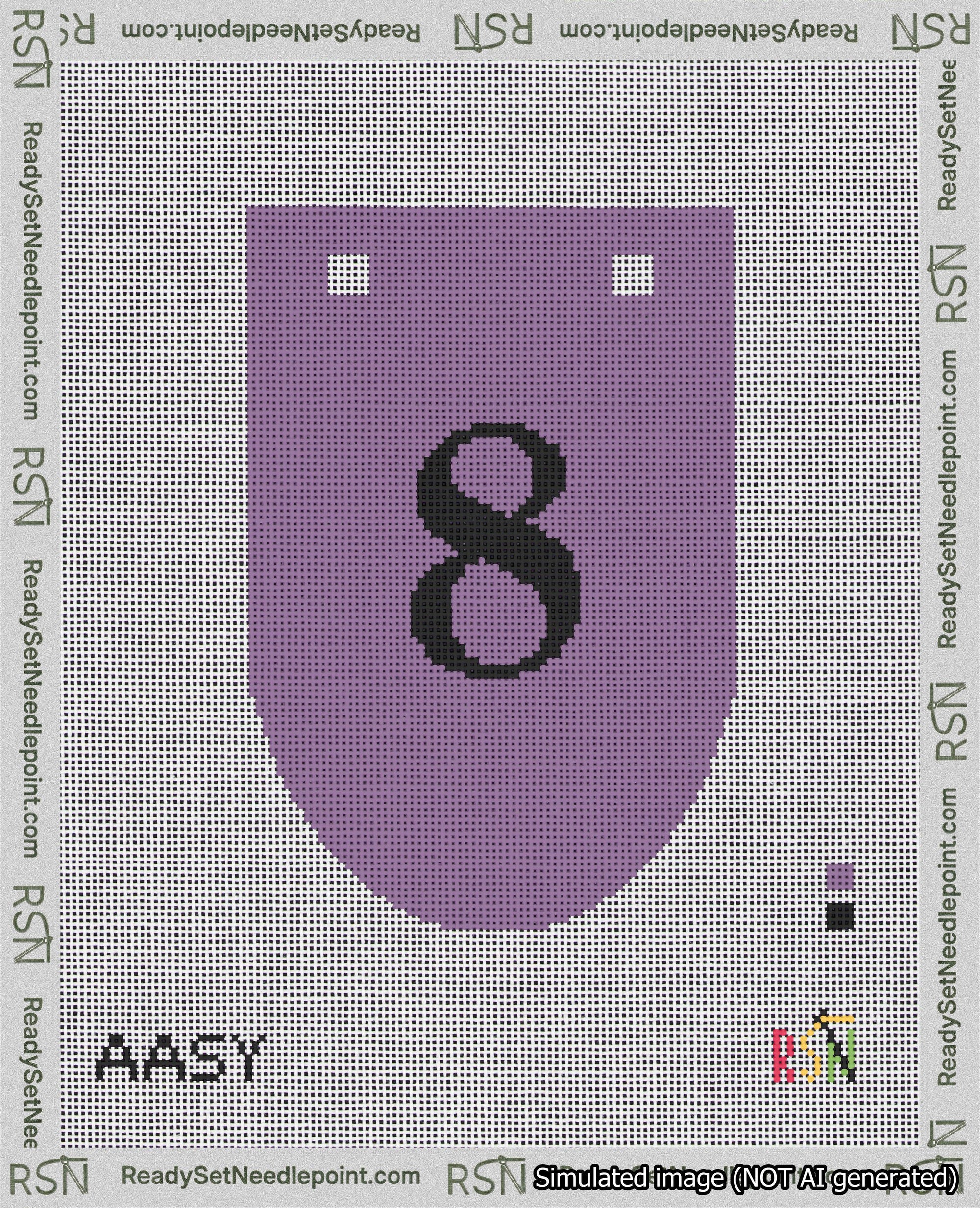 A taped needlepoint canvas with the design: Banner 18 mesh count Rounded 8 Black on Purple.