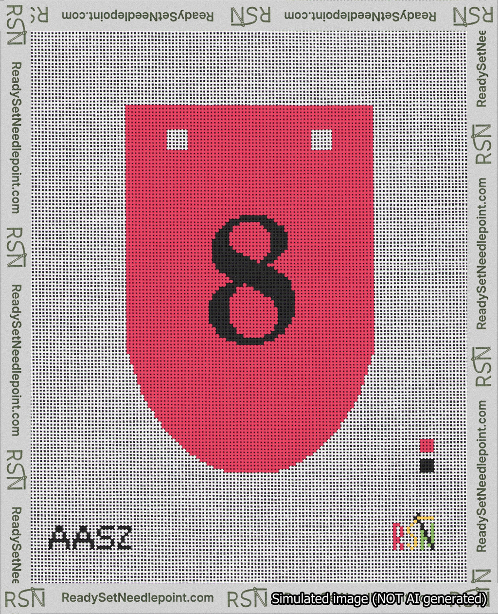 A taped needlepoint canvas with the design: Banner 18 mesh count Rounded 8 Black on Red.