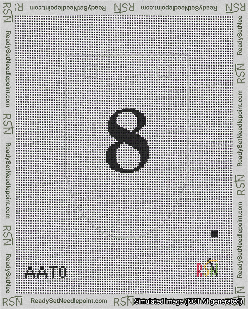A taped needlepoint canvas with the design: Banner 18 mesh count Rounded 8 Black on White.