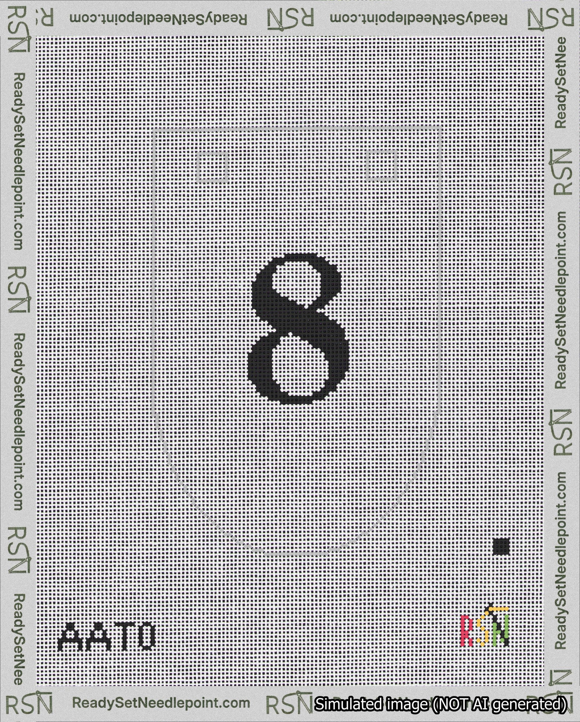 A taped needlepoint canvas with the design: Banner 18 mesh count Rounded 8 Black on White.