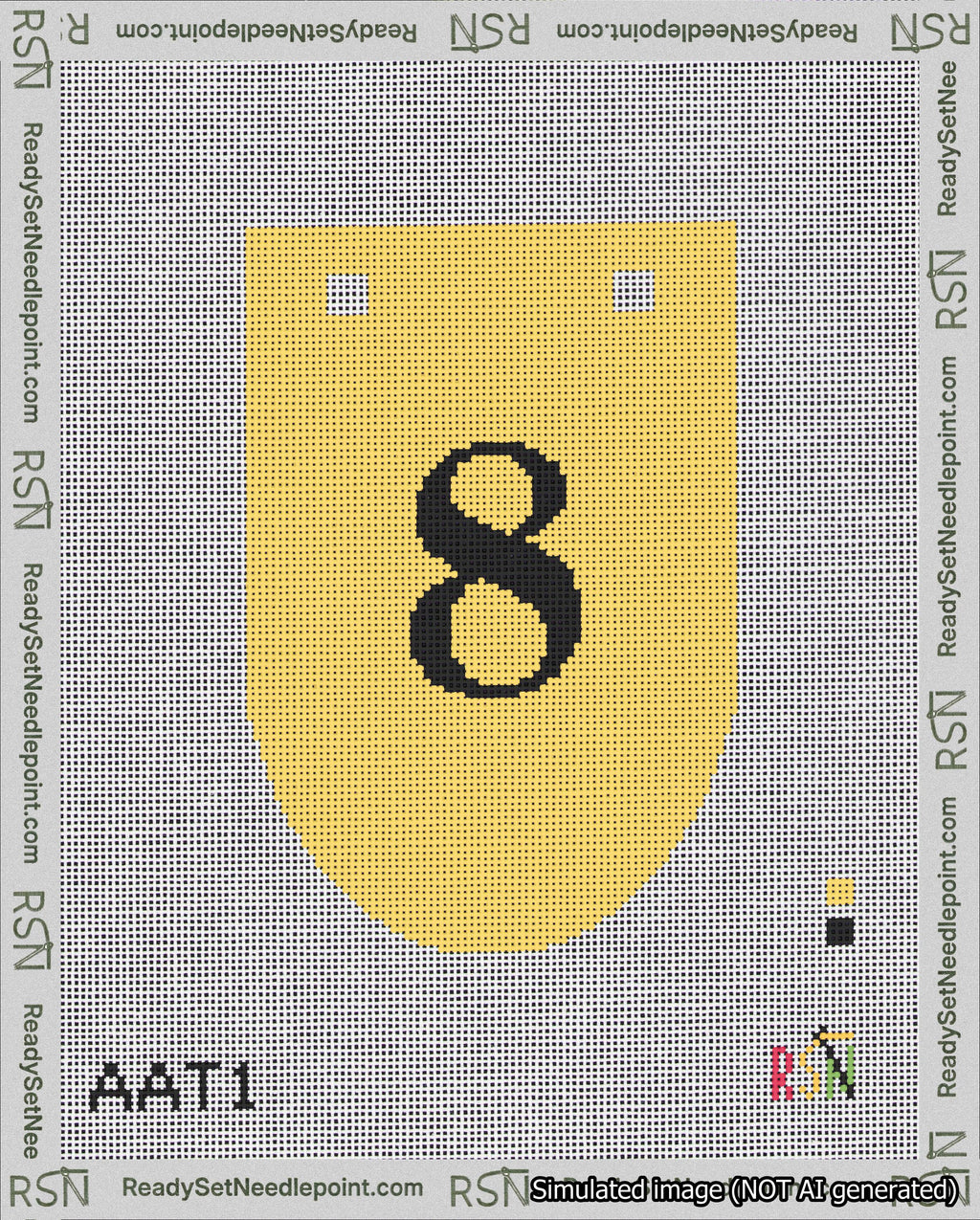 A taped needlepoint canvas with the design: Banner 18 mesh count Rounded 8 Black on Yellow.