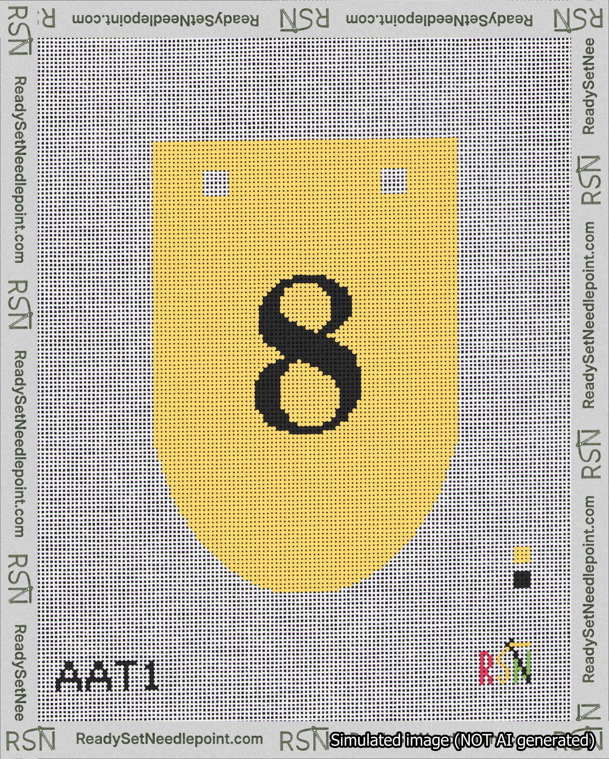A taped needlepoint canvas with the design: Banner 18 mesh count Rounded 8 Black on Yellow.