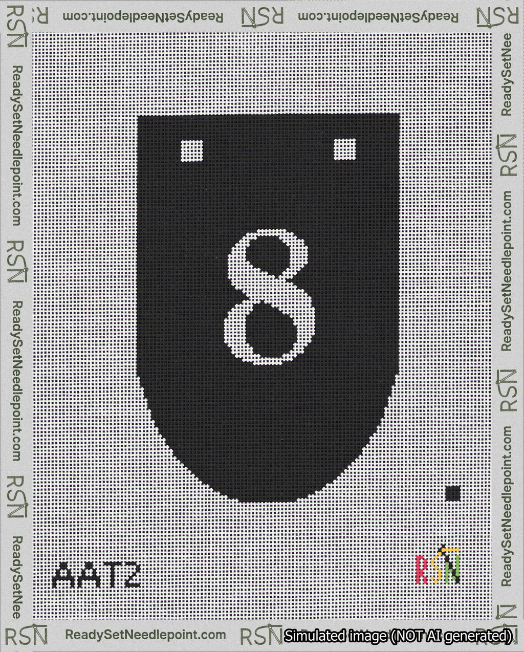 A taped needlepoint canvas with the design: Banner 18 mesh count Rounded 8 White on Black.