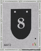 A taped needlepoint canvas with the design: Banner 18 mesh count Rounded 8 White on Black.