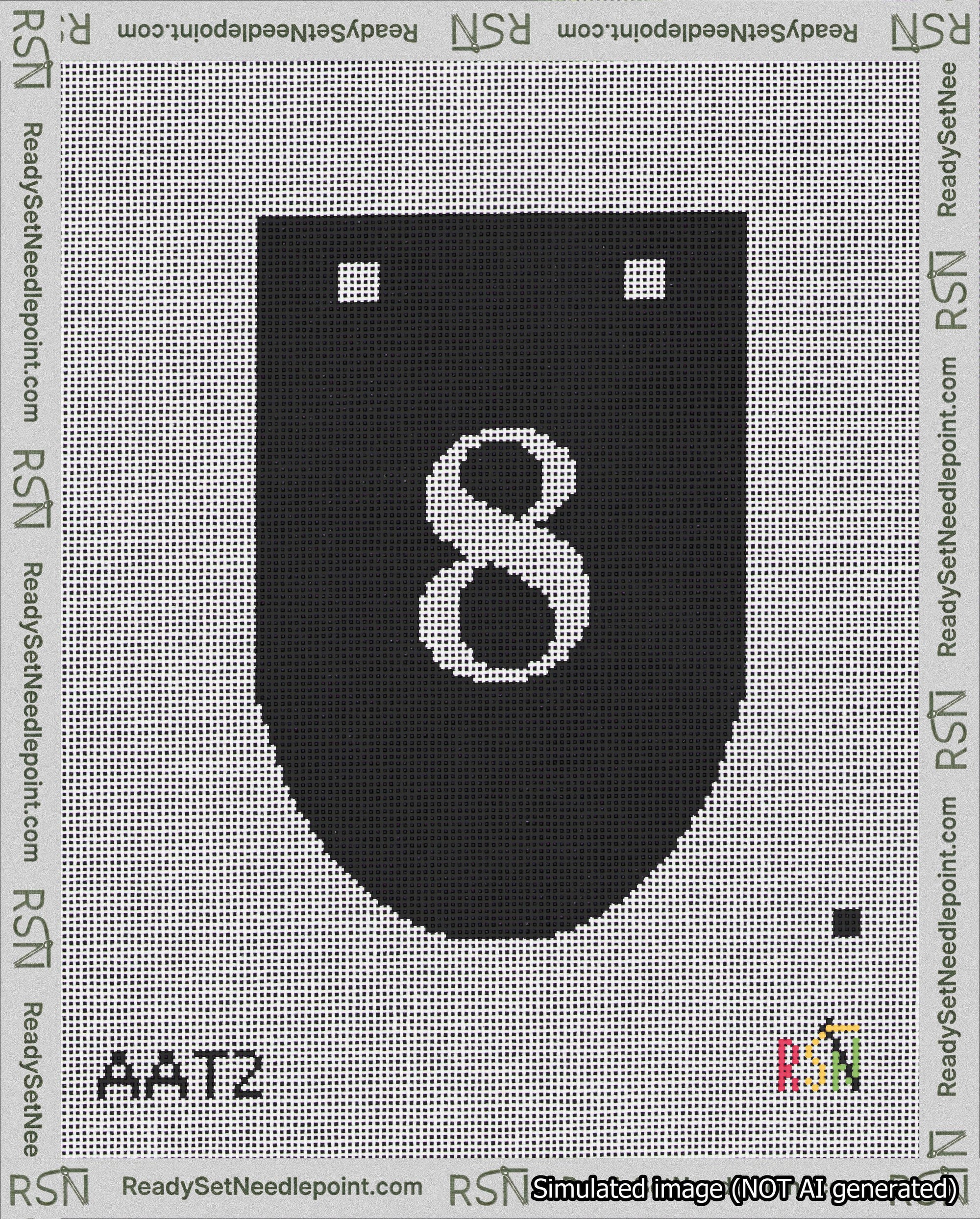 A taped needlepoint canvas with the design: Banner 18 mesh count Rounded 8 White on Black.