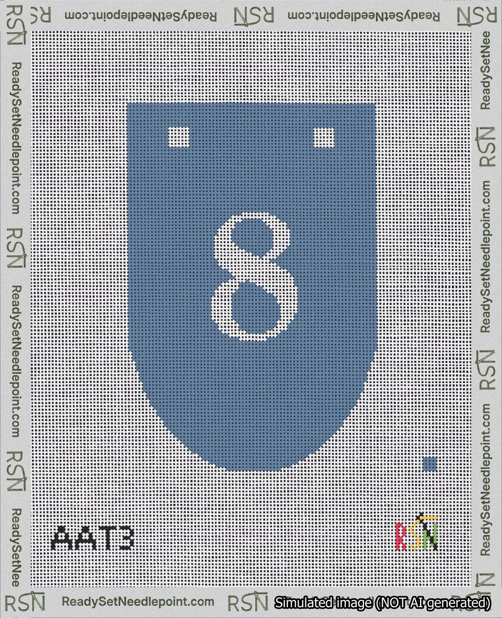 A taped needlepoint canvas with the design: Banner 18 mesh count Rounded 8 White on Blue.