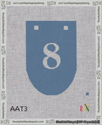 A taped needlepoint canvas with the design: Banner 18 mesh count Rounded 8 White on Blue.