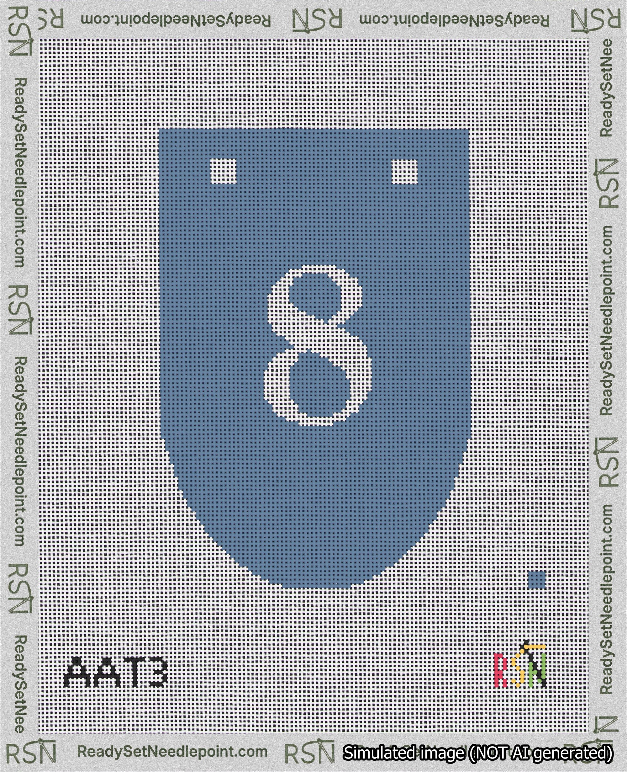 A taped needlepoint canvas with the design: Banner 18 mesh count Rounded 8 White on Blue.