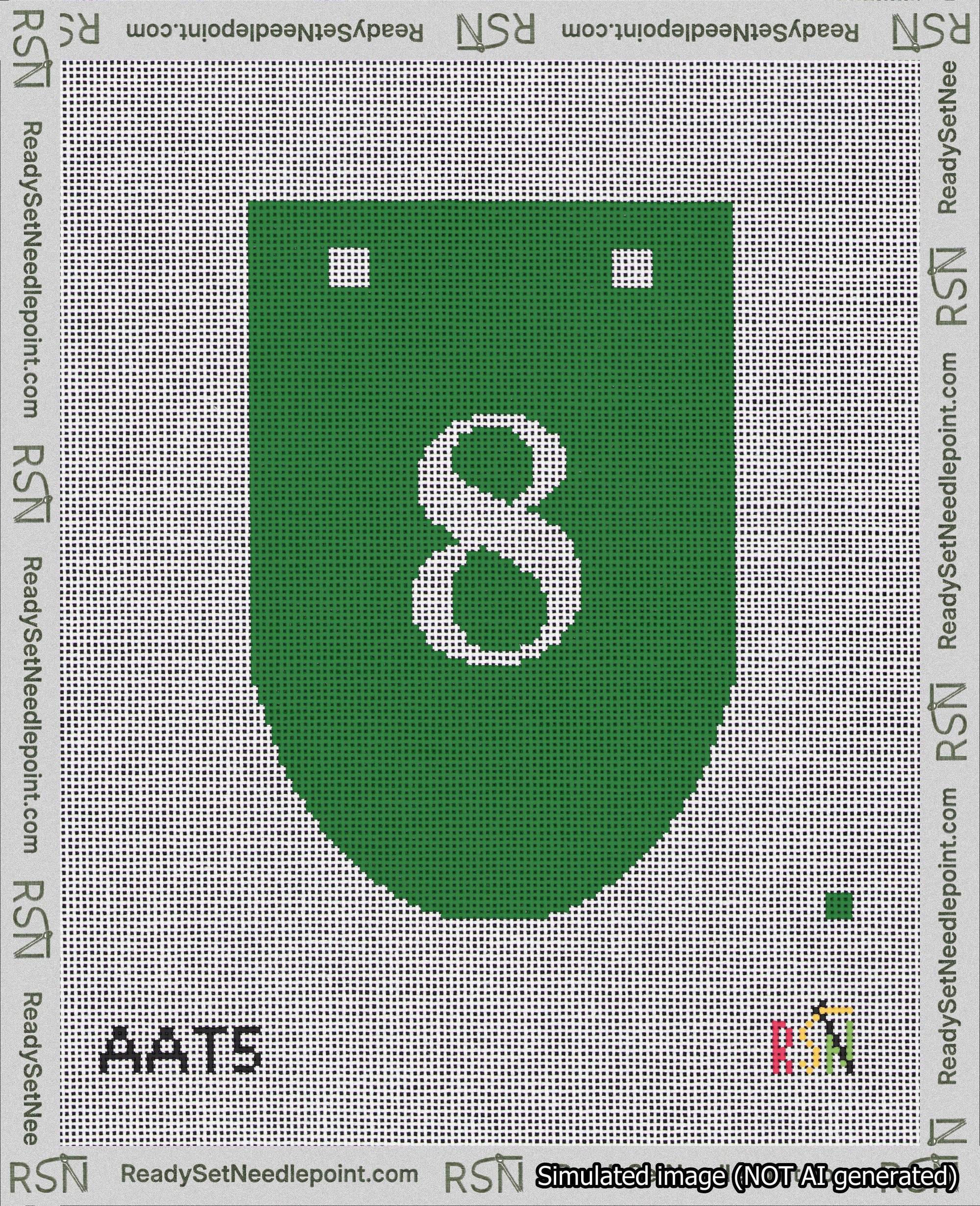 A taped needlepoint canvas with the design: Banner 18 mesh count Rounded 8 White on Green.