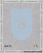 A taped needlepoint canvas with the design: Banner 18 mesh count Rounded 8 White on Light Blue.