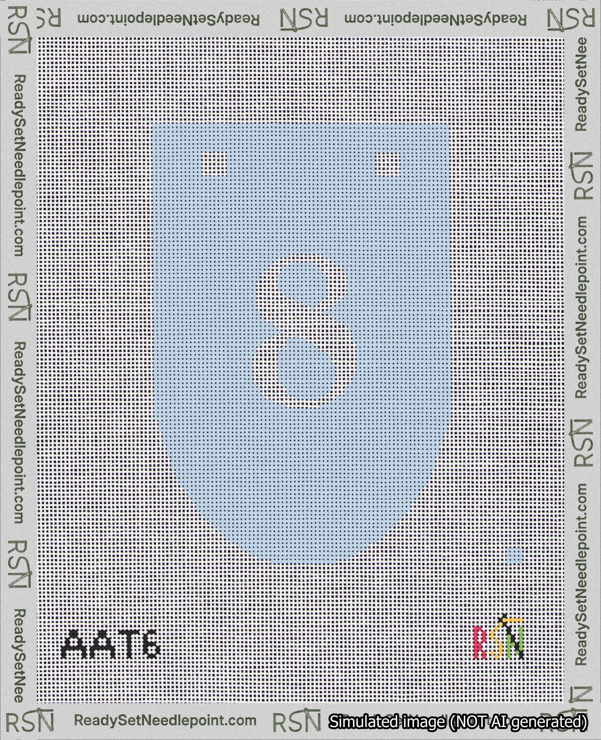 A taped needlepoint canvas with the design: Banner 18 mesh count Rounded 8 White on Light Blue.