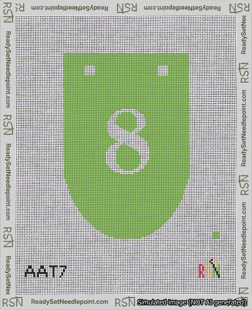 A taped needlepoint canvas with the design: Banner 18 mesh count Rounded 8 White on Light Green.