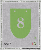 A taped needlepoint canvas with the design: Banner 18 mesh count Rounded 8 White on Light Green.