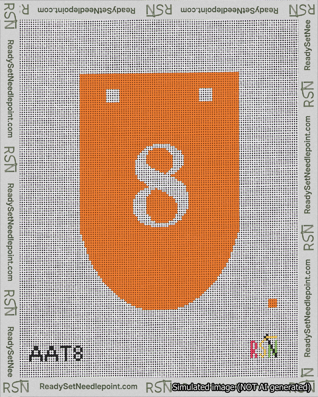 A taped needlepoint canvas with the design: Banner 18 mesh count Rounded 8 White on Orange.