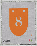 A taped needlepoint canvas with the design: Banner 18 mesh count Rounded 8 White on Orange.