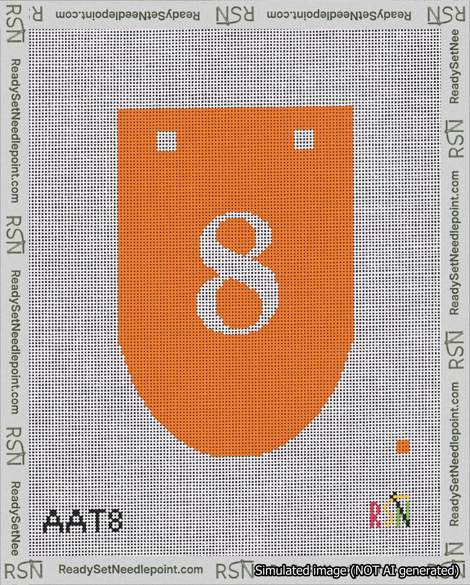 A taped needlepoint canvas with the design: Banner 18 mesh count Rounded 8 White on Orange.