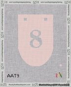 A taped needlepoint canvas with the design: Banner 18 mesh count Rounded 8 White on Pink.