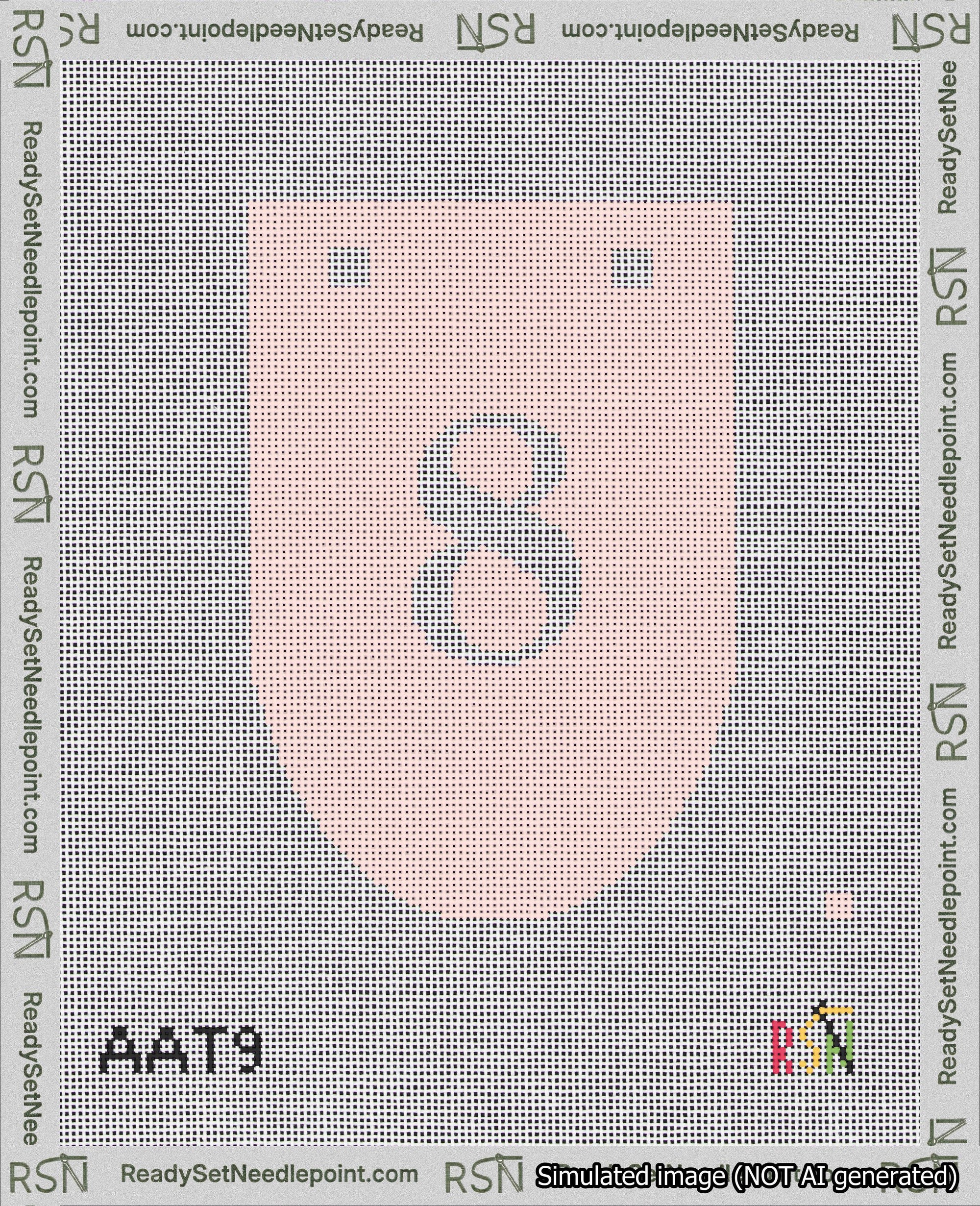 A taped needlepoint canvas with the design: Banner 18 mesh count Rounded 8 White on Pink.