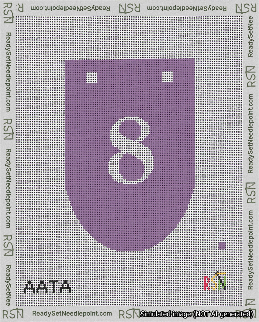 A taped needlepoint canvas with the design: Banner 18 mesh count Rounded 8 White on Purple.