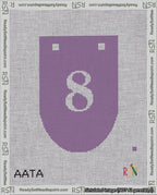A taped needlepoint canvas with the design: Banner 18 mesh count Rounded 8 White on Purple.
