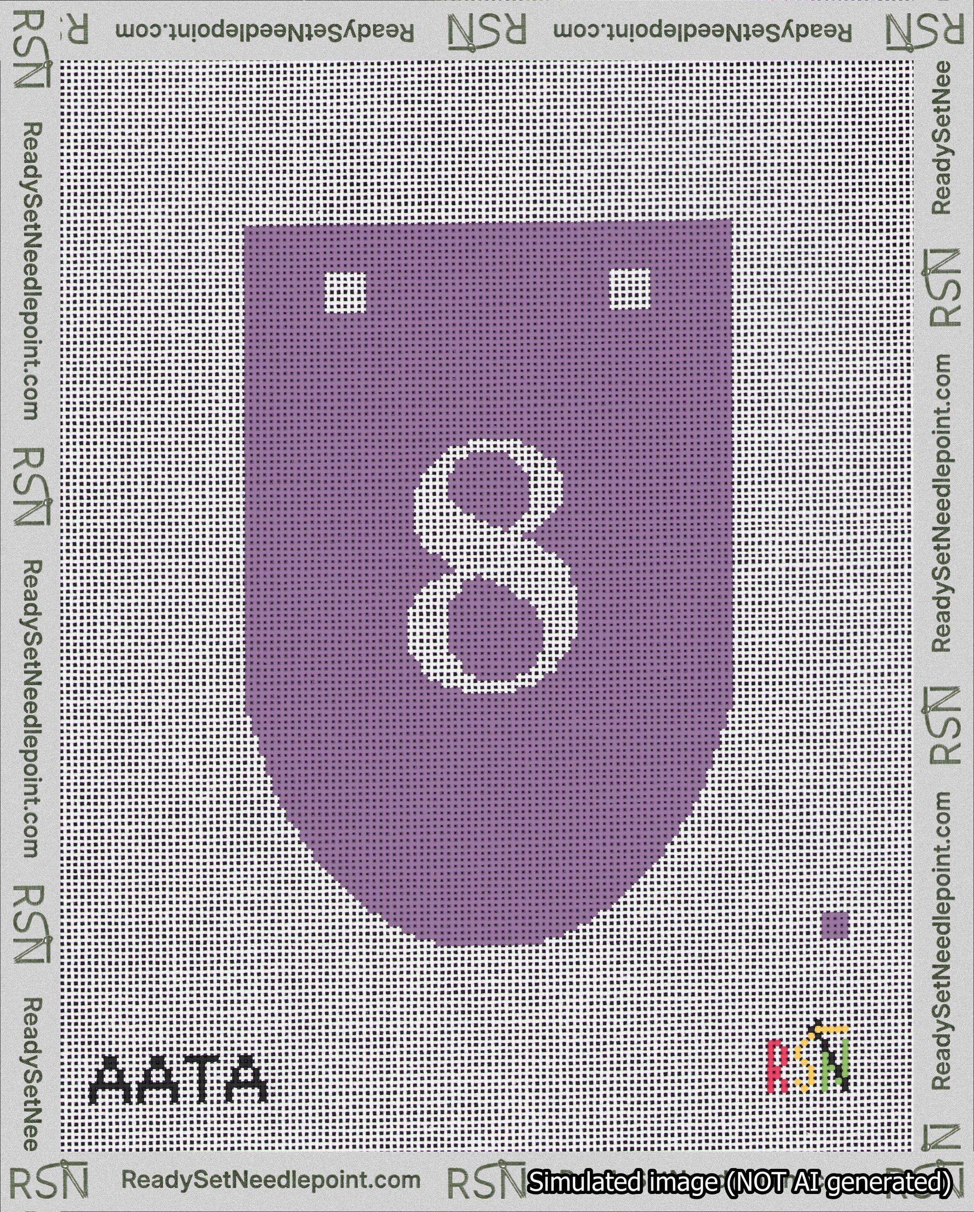 A taped needlepoint canvas with the design: Banner 18 mesh count Rounded 8 White on Purple.
