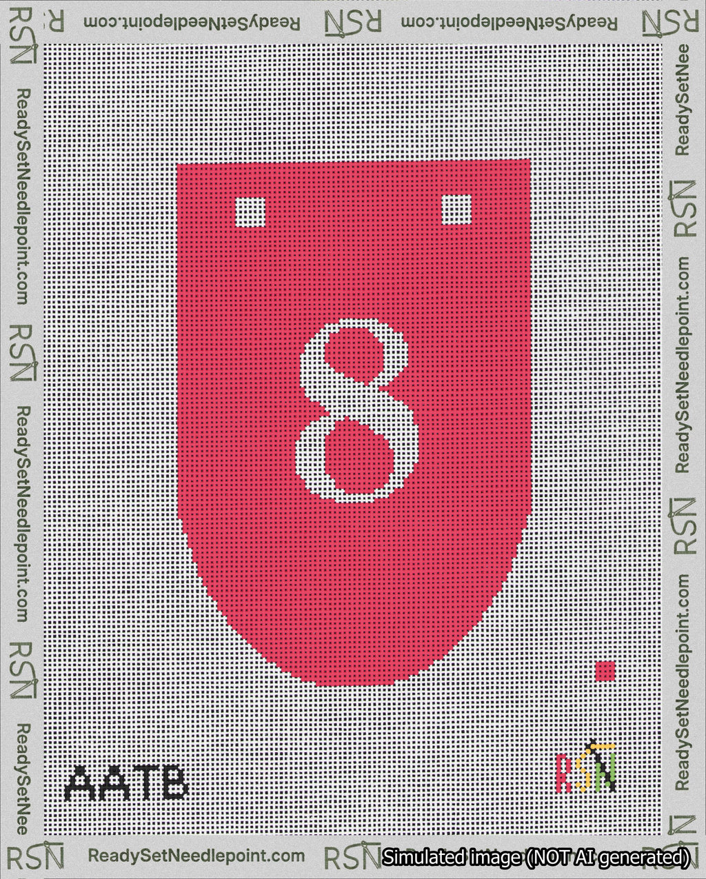 A taped needlepoint canvas with the design: Banner 18 mesh count Rounded 8 White on Red.