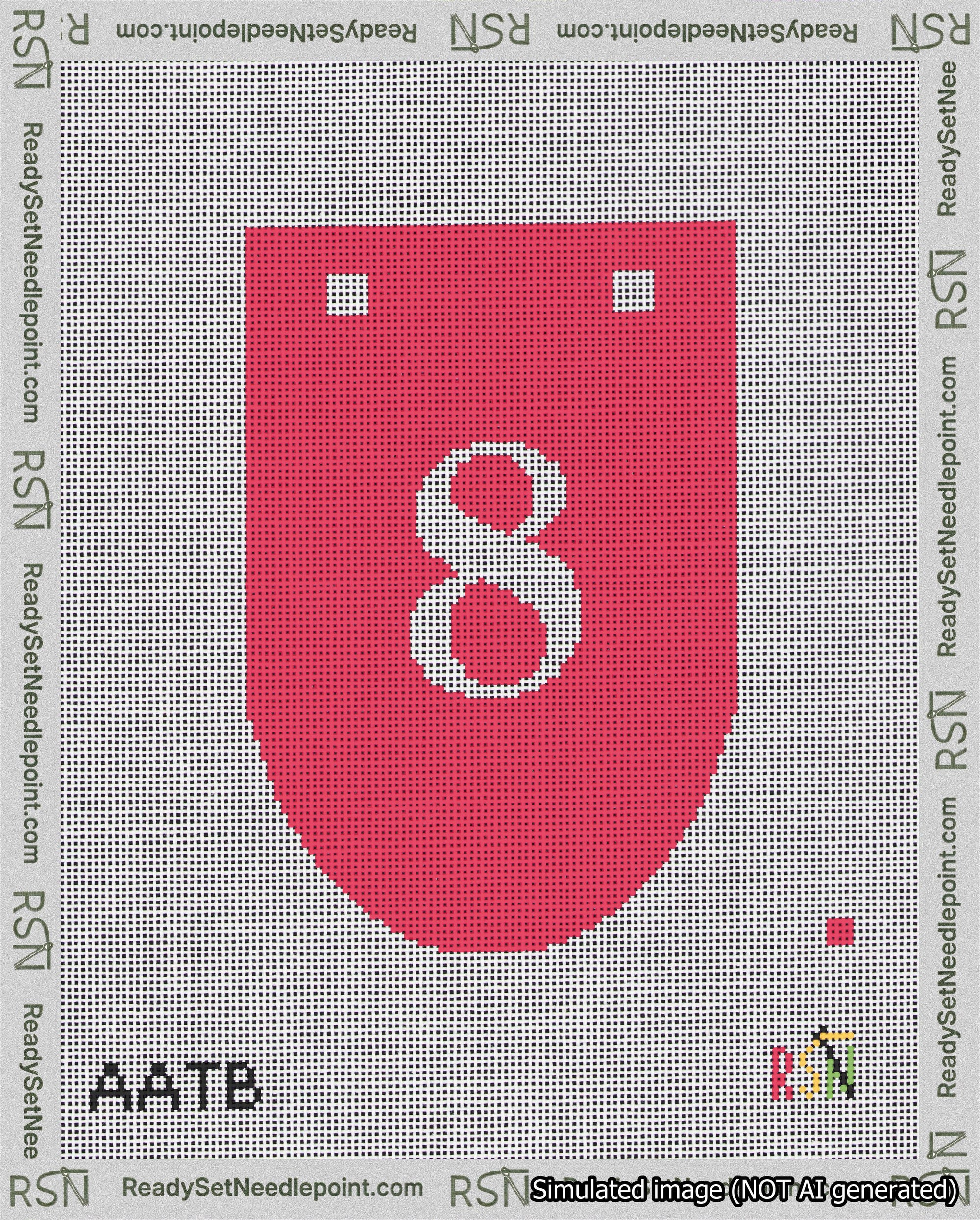A taped needlepoint canvas with the design: Banner 18 mesh count Rounded 8 White on Red.
