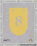 A taped needlepoint canvas with the design: Banner 18 mesh count Rounded 8 White on Yellow.