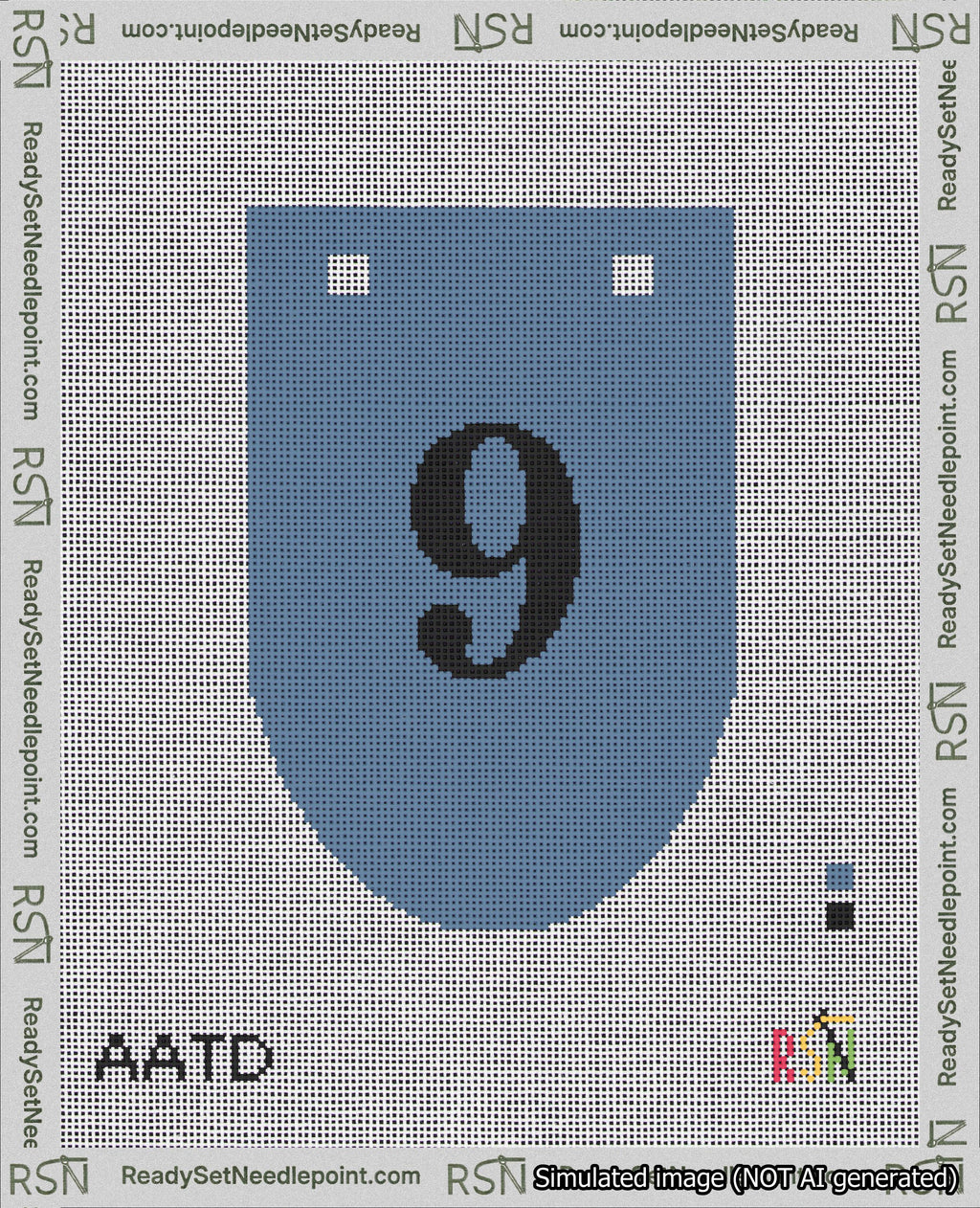 A taped needlepoint canvas with the design: Banner 18 mesh count Rounded 9 Black on Blue.