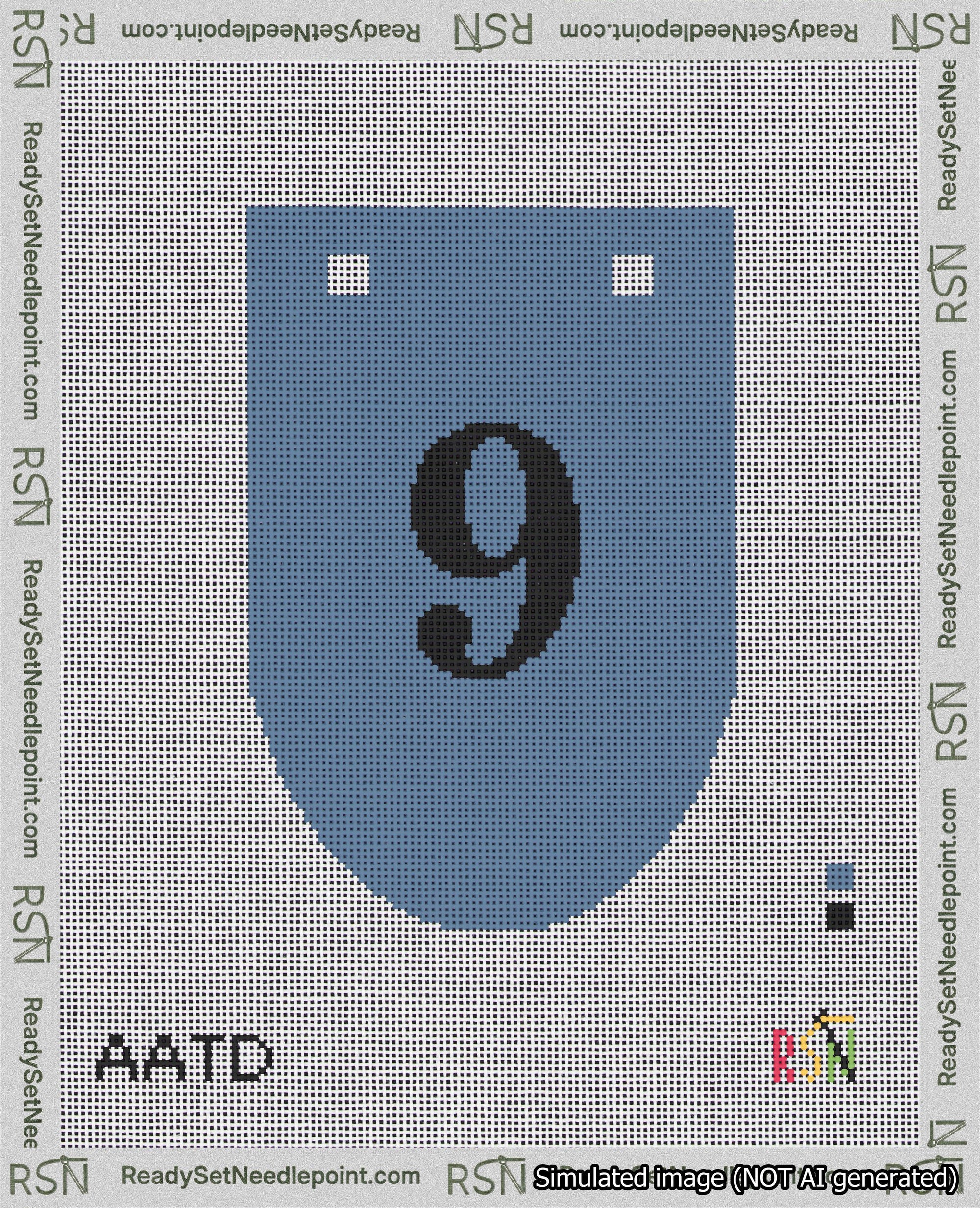 A taped needlepoint canvas with the design: Banner 18 mesh count Rounded 9 Black on Blue.