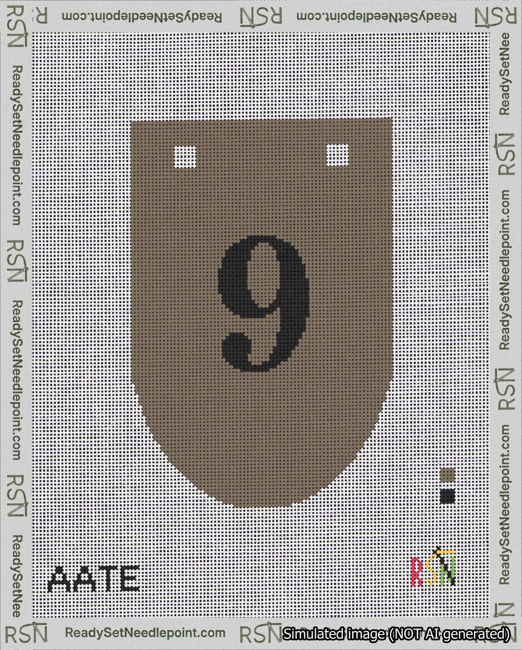 A taped needlepoint canvas with the design: Banner 18 mesh count Rounded 9 Black on Brown.