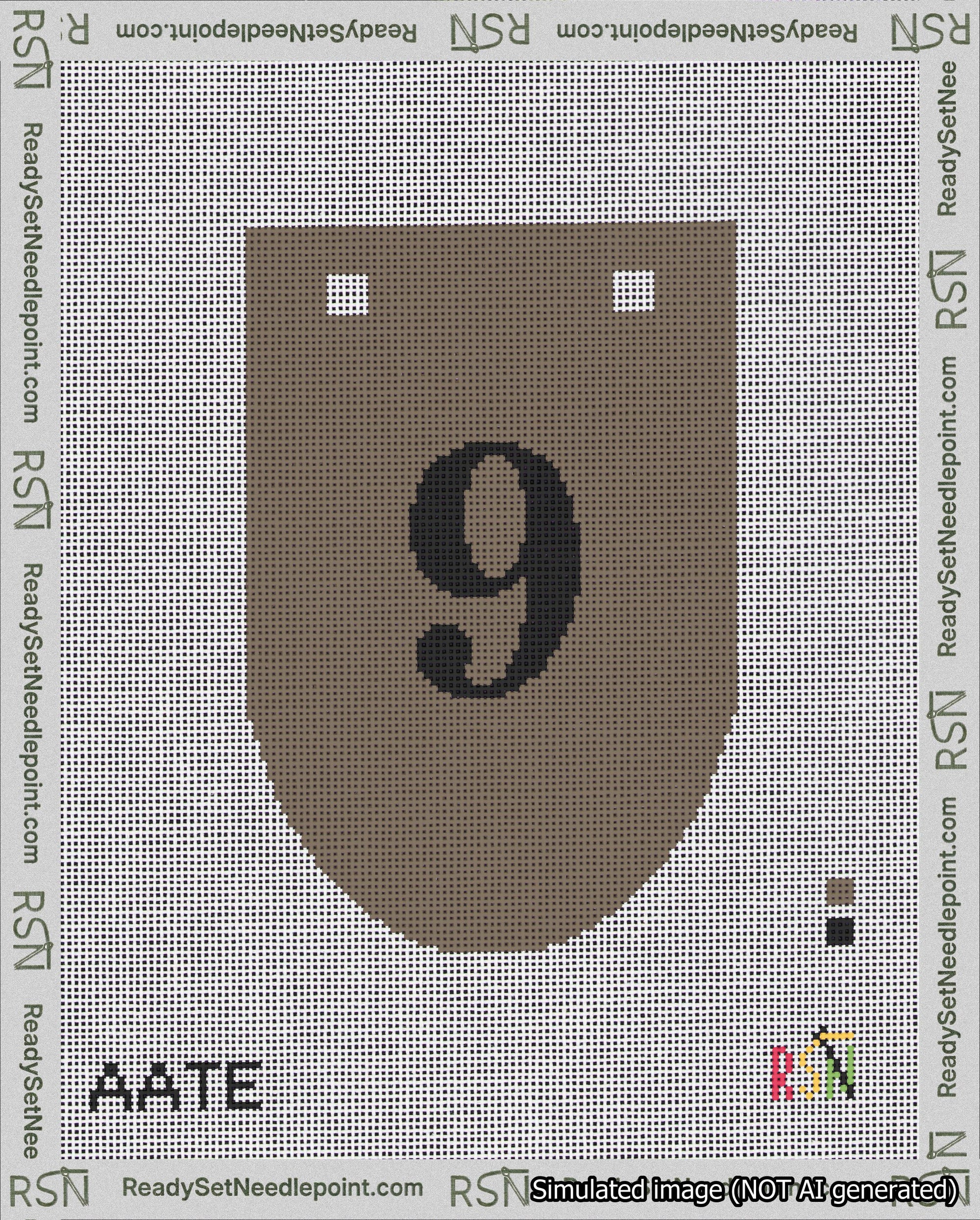 A taped needlepoint canvas with the design: Banner 18 mesh count Rounded 9 Black on Brown.