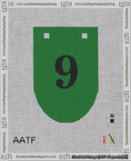 A taped needlepoint canvas with the design: Banner 18 mesh count Rounded 9 Black on Green.