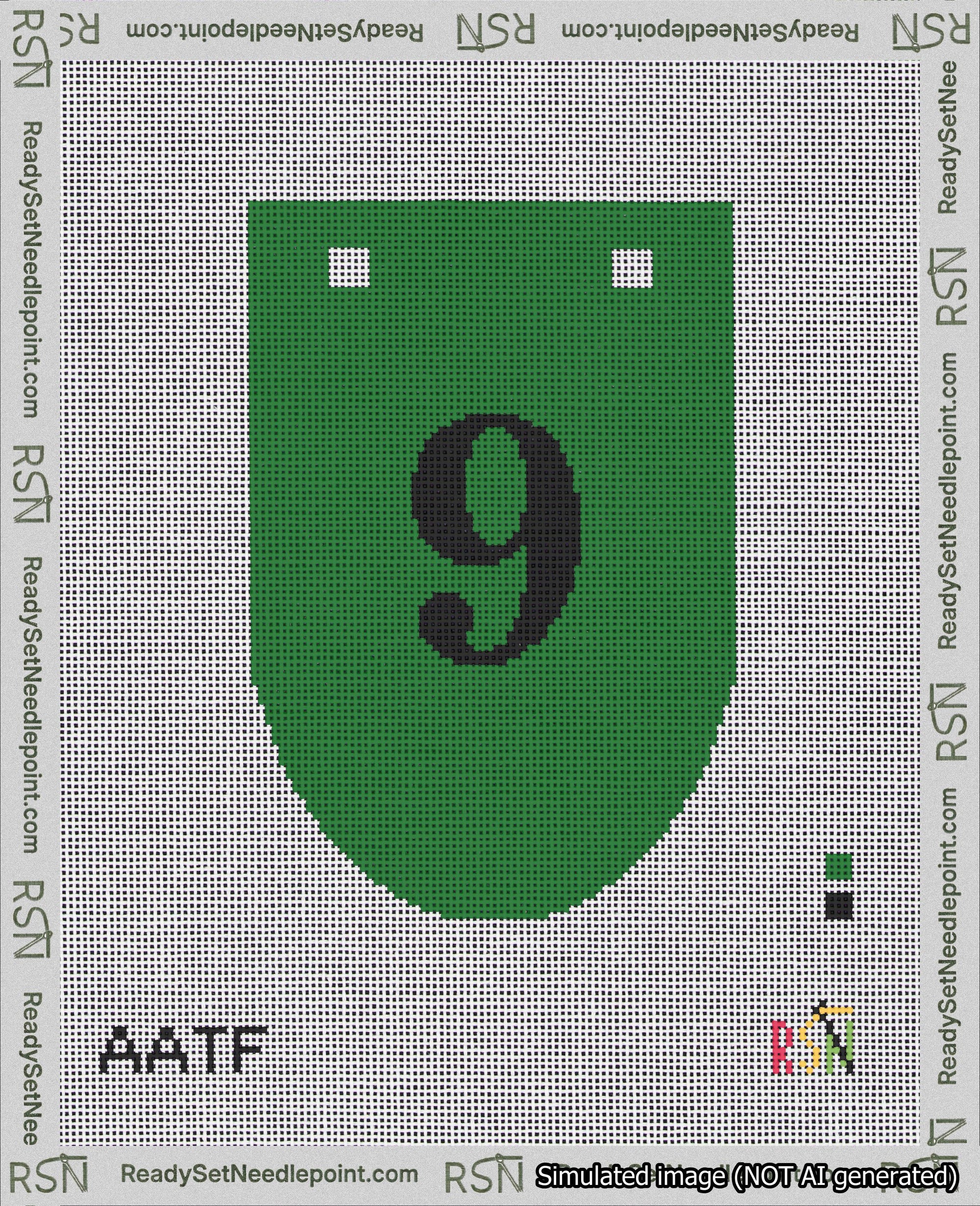 A taped needlepoint canvas with the design: Banner 18 mesh count Rounded 9 Black on Green.