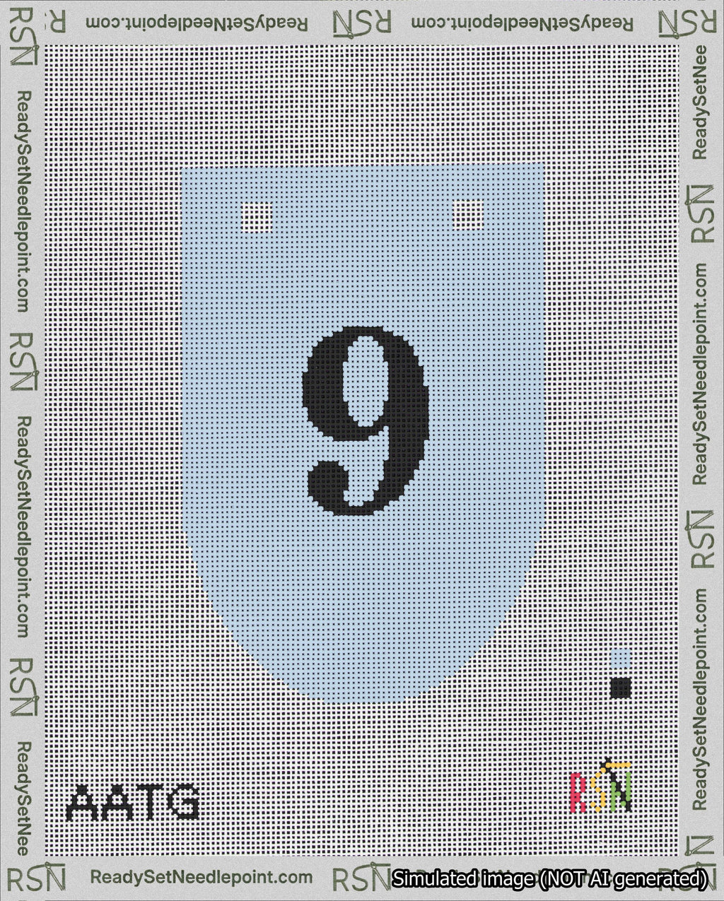 A taped needlepoint canvas with the design: Banner 18 mesh count Rounded 9 Black on Light Blue.